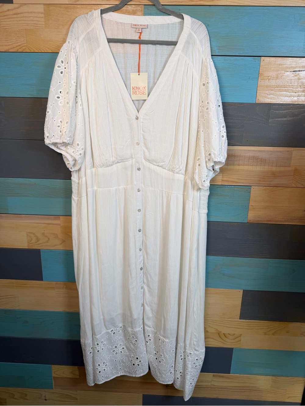 Knox Rose White Eyelet Button-Front Midi Dress Short Puff Sleeves Peasant